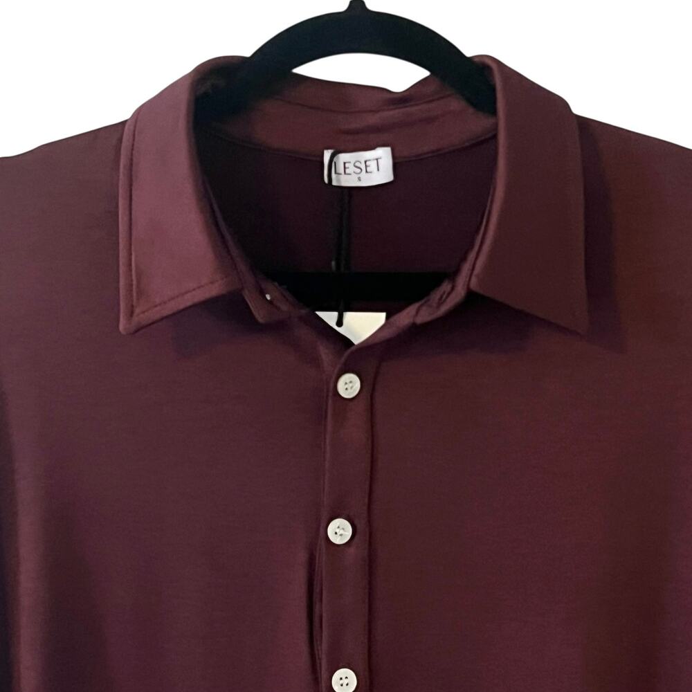 LESET Satin Long Sleeve Polo Blouse in Burgundy - Picture 4 of 11